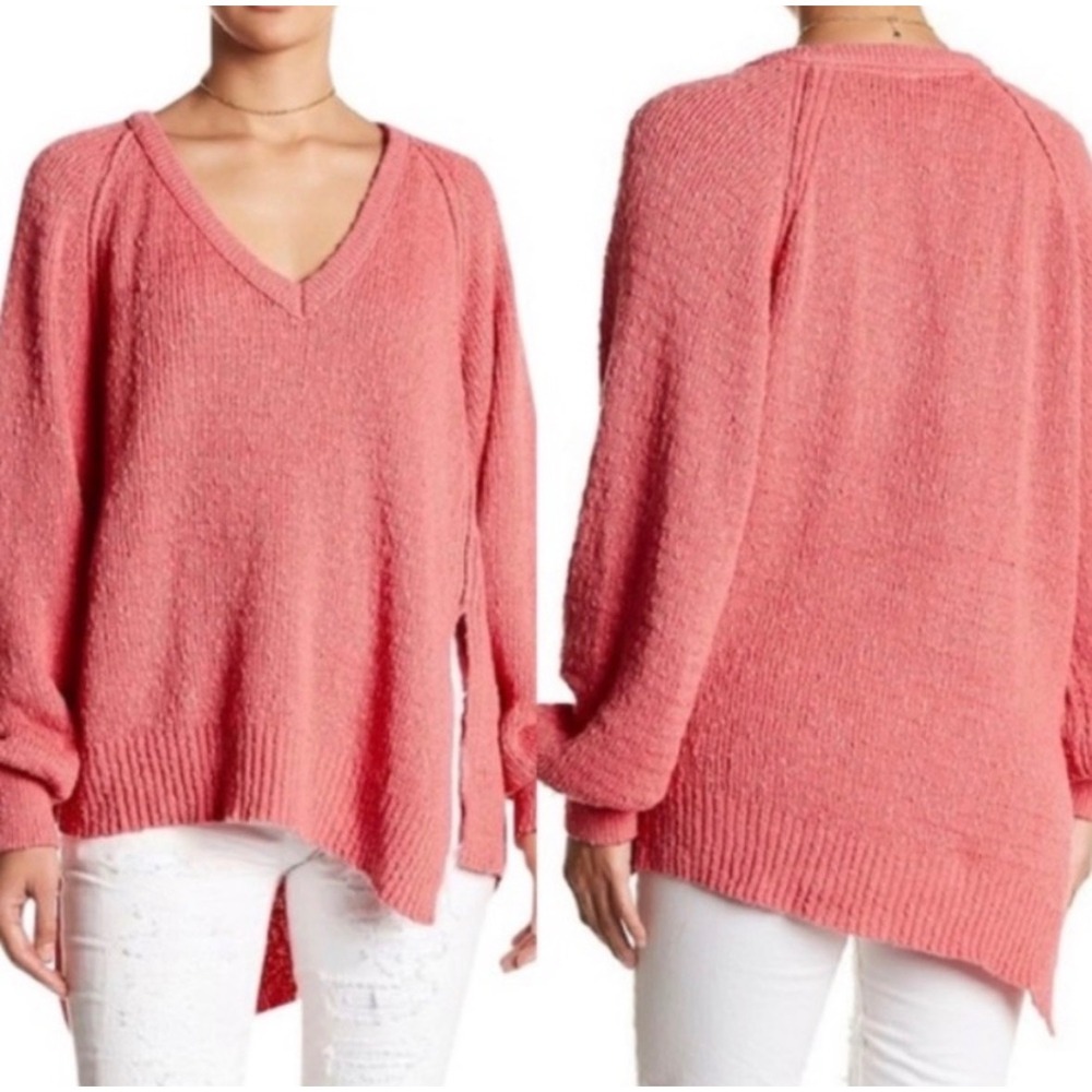 Free People West Coast Oversized V Neck Sweater Rose Pink Women XS Cotton